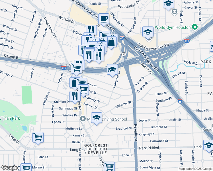 map of restaurants, bars, coffee shops, grocery stores, and more near 7411 Arnim Street in Houston