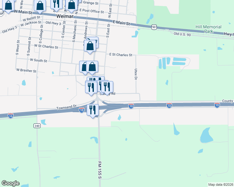 map of restaurants, bars, coffee shops, grocery stores, and more near County Road in Weimar