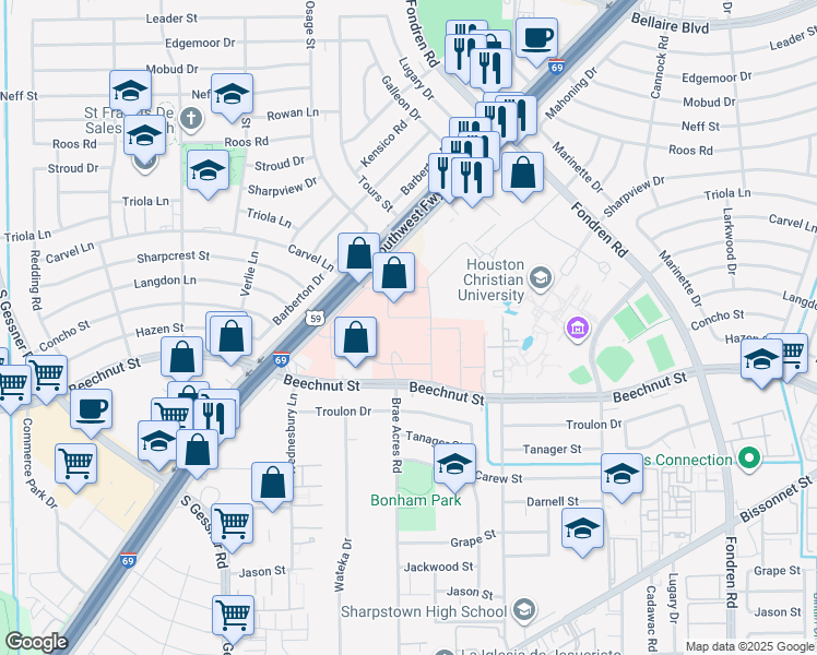 map of restaurants, bars, coffee shops, grocery stores, and more near 7777 Southwest Freeway in Houston