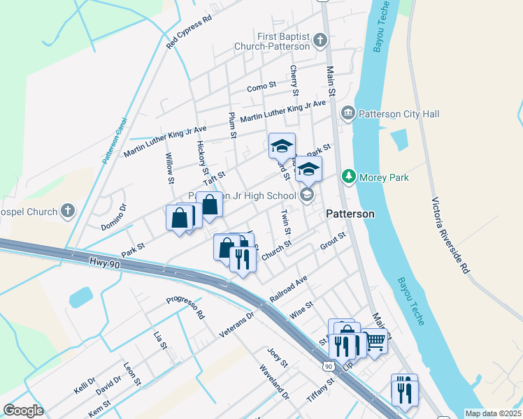 map of restaurants, bars, coffee shops, grocery stores, and more near 1200-1218 5th Street in Patterson