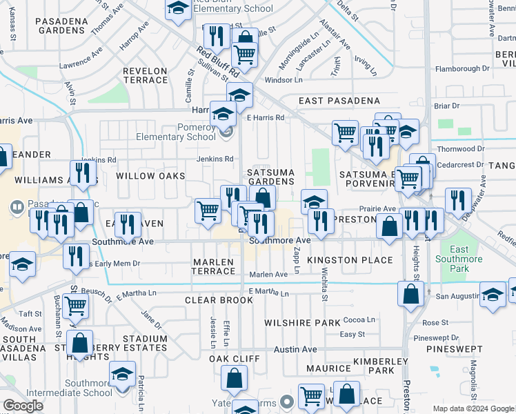 map of restaurants, bars, coffee shops, grocery stores, and more near 1111 Burke Road in Pasadena