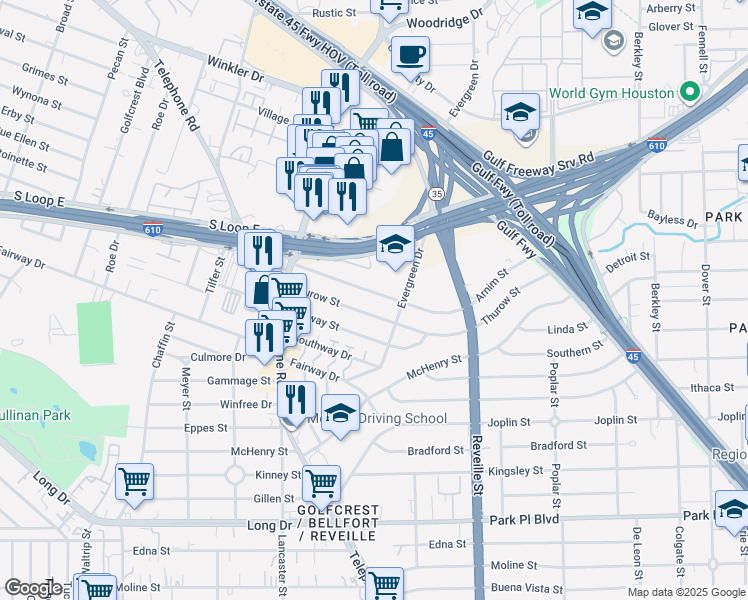 map of restaurants, bars, coffee shops, grocery stores, and more near 7411 Arnim Street in Houston