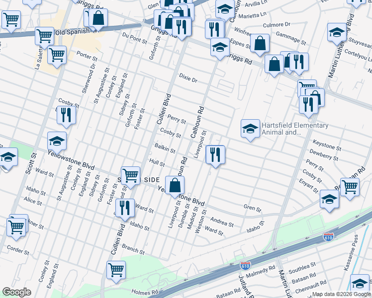 map of restaurants, bars, coffee shops, grocery stores, and more near 6409 Paris Street in Houston