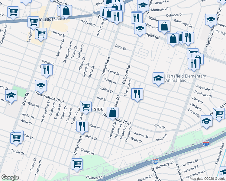 map of restaurants, bars, coffee shops, grocery stores, and more near 6409 Paris Street in Houston