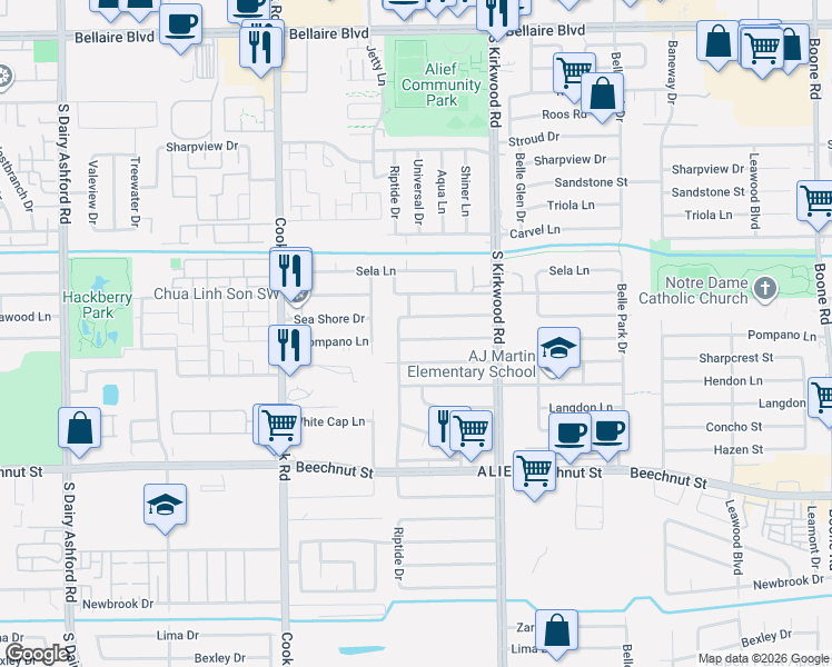 map of restaurants, bars, coffee shops, grocery stores, and more near 12015 Sea Shore Drive in Houston