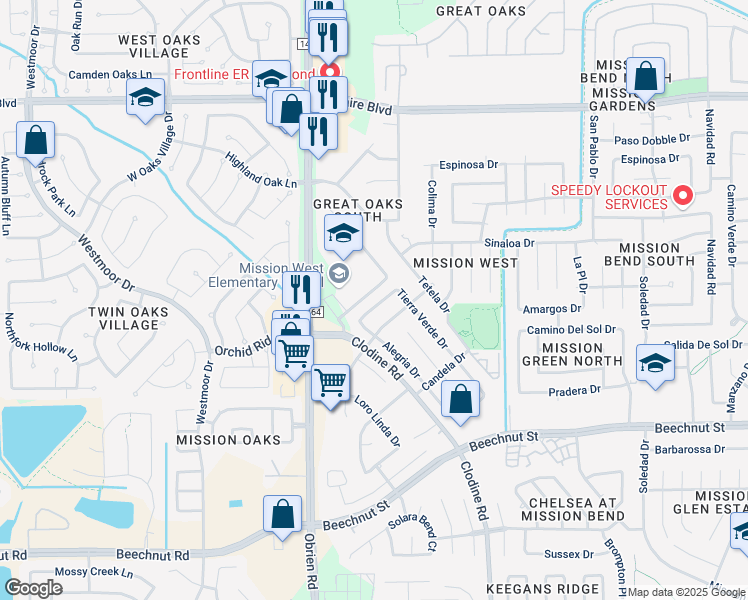 map of restaurants, bars, coffee shops, grocery stores, and more near 17010 Mercado Drive in Houston