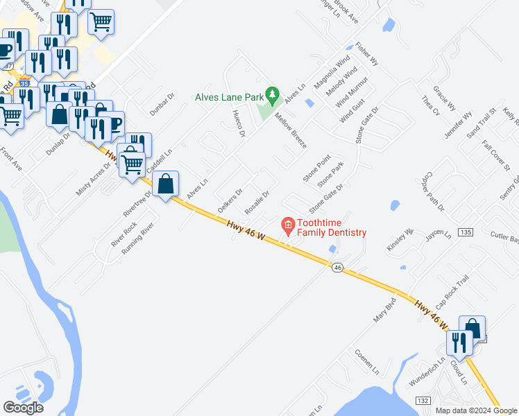map of restaurants, bars, coffee shops, grocery stores, and more near 254 Rosalie Drive in New Braunfels