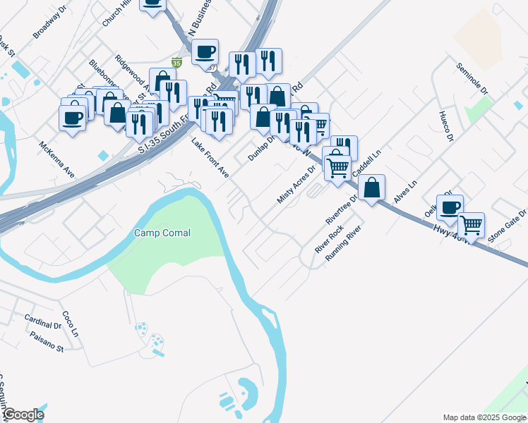 map of restaurants, bars, coffee shops, grocery stores, and more near 1013 Misty Acres Drive in New Braunfels