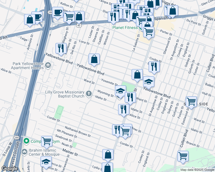 map of restaurants, bars, coffee shops, grocery stores, and more near 3707 Yosemite Street in Houston