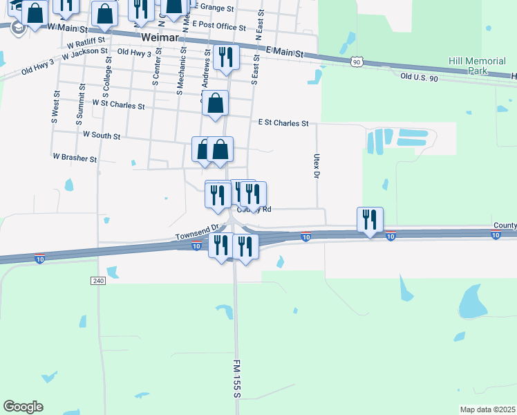 map of restaurants, bars, coffee shops, grocery stores, and more near 507 County Road in Weimar