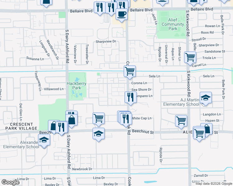 map of restaurants, bars, coffee shops, grocery stores, and more near 12337 Springcrest Drive in Houston