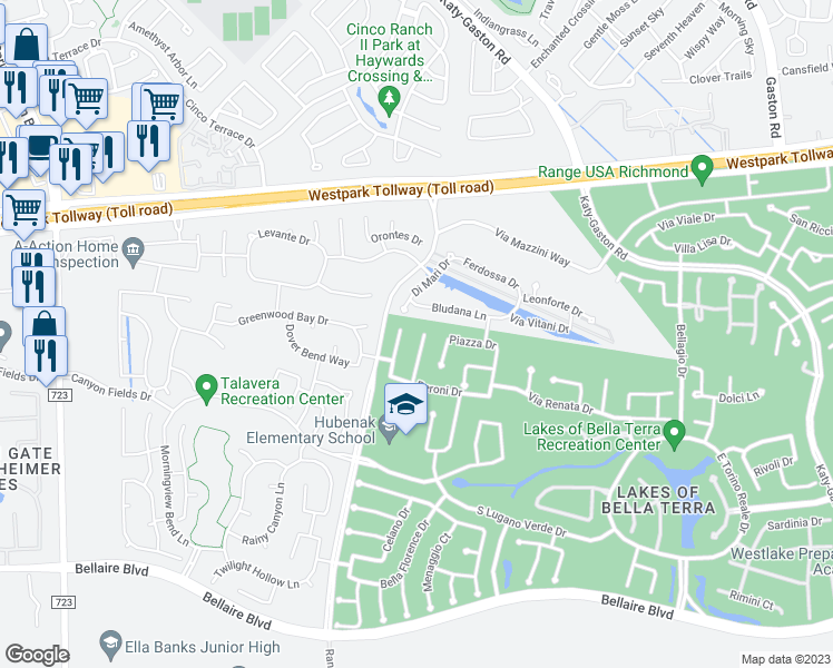 map of restaurants, bars, coffee shops, grocery stores, and more near 11743 Rastello Lane in Richmond
