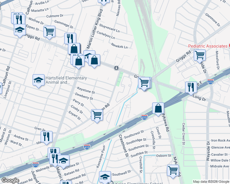 map of restaurants, bars, coffee shops, grocery stores, and more near 6021 Beekman Road in Houston