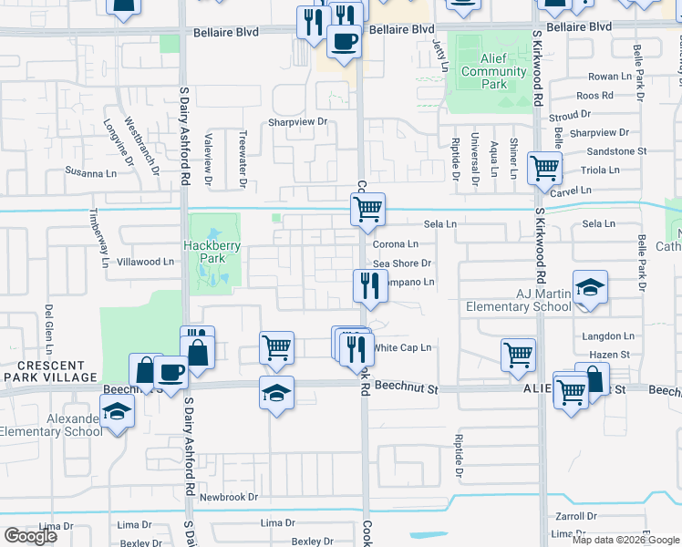 map of restaurants, bars, coffee shops, grocery stores, and more near 12311 Springcrest Drive in Houston