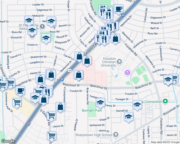 map of restaurants, bars, coffee shops, grocery stores, and more near 7777 Southwest Freeway in Houston