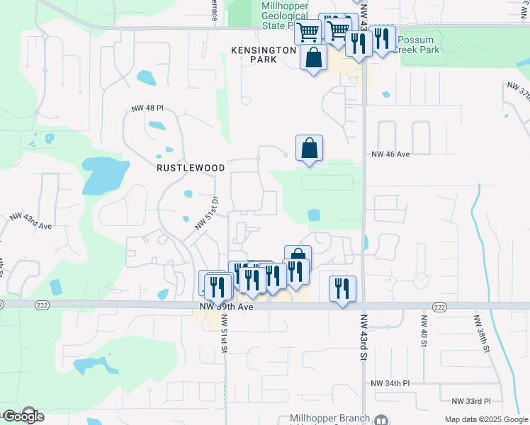 map of restaurants, bars, coffee shops, grocery stores, and more near 4341 Northwest 49th Street in Gainesville