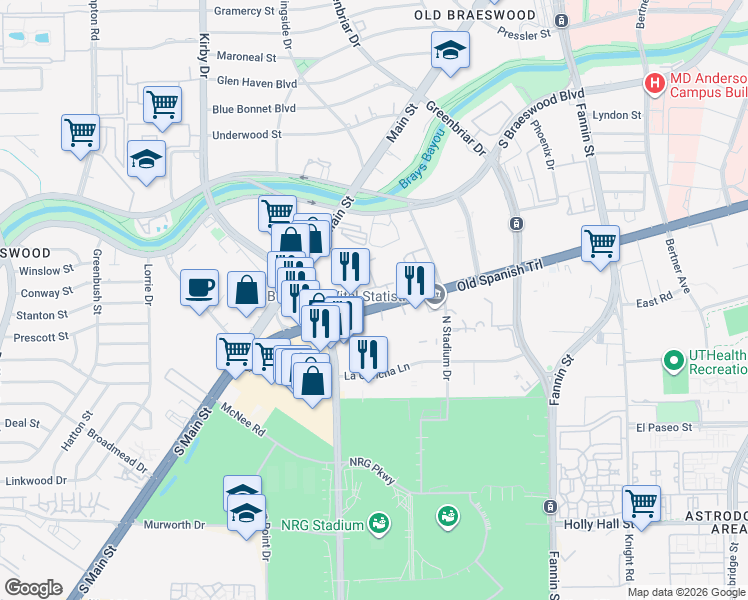 map of restaurants, bars, coffee shops, grocery stores, and more near 1339 Old Spanish Trail in Houston