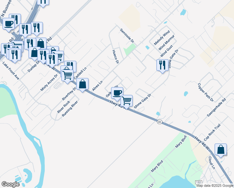 map of restaurants, bars, coffee shops, grocery stores, and more near 117 Rosalie Drive in New Braunfels