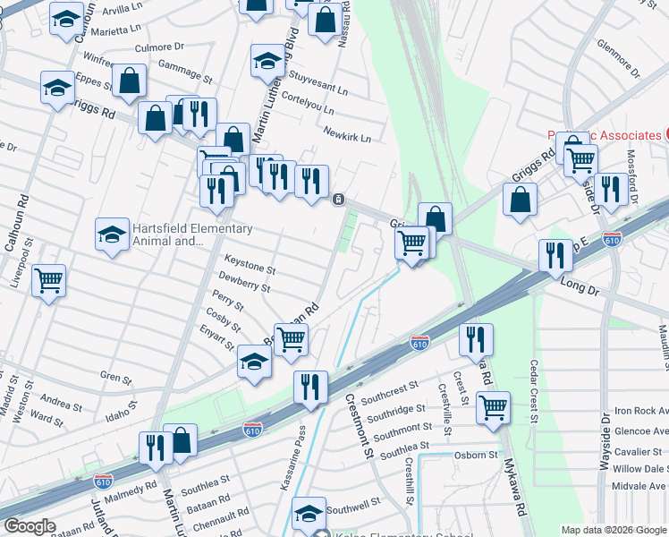 map of restaurants, bars, coffee shops, grocery stores, and more near 6021 Beekman Road in Houston