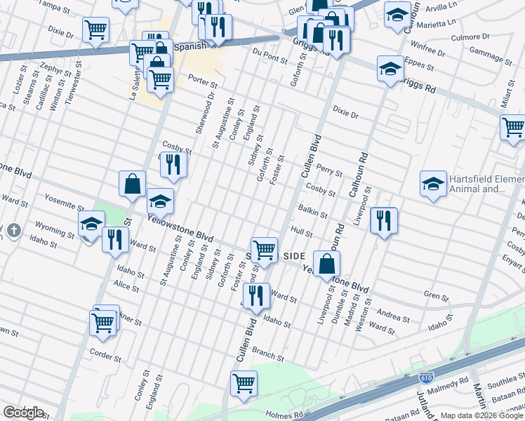 map of restaurants, bars, coffee shops, grocery stores, and more near 6420 Foster Street in Houston