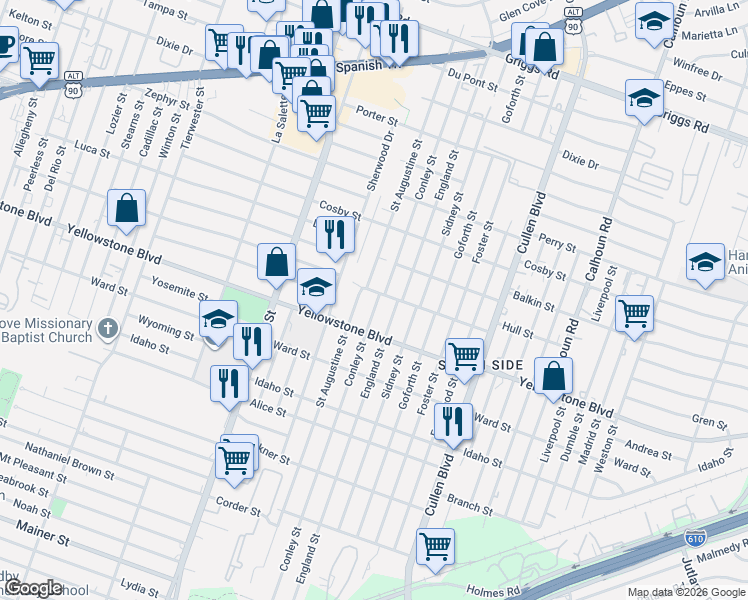 map of restaurants, bars, coffee shops, grocery stores, and more near 6603 Saint Augustine Street in Houston