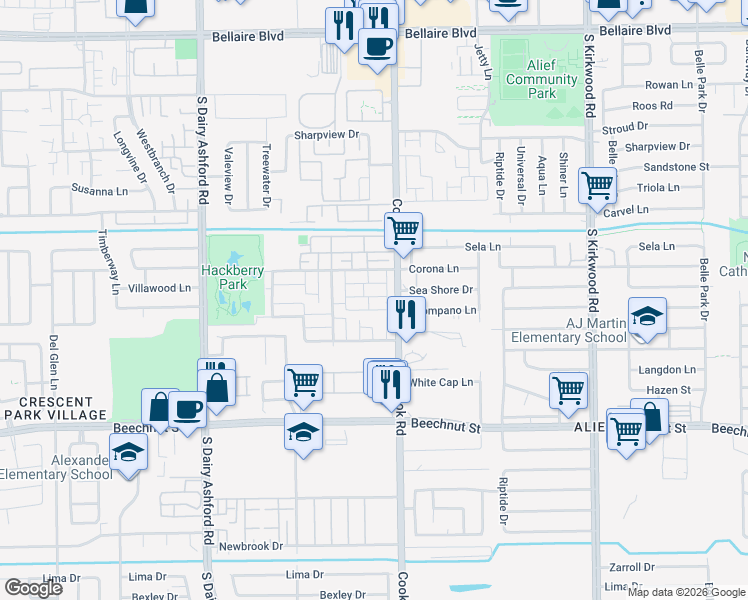 map of restaurants, bars, coffee shops, grocery stores, and more near 12311 Springcrest Drive in Houston