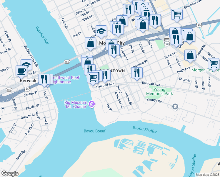 map of restaurants, bars, coffee shops, grocery stores, and more near 221 South Railroad Avenue in Morgan City