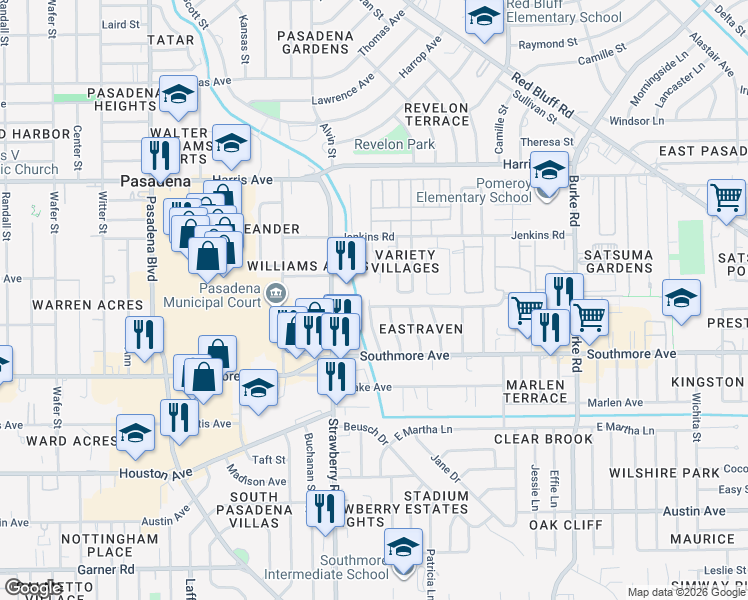 map of restaurants, bars, coffee shops, grocery stores, and more near 1501 Easthaven Dr in Pasadena