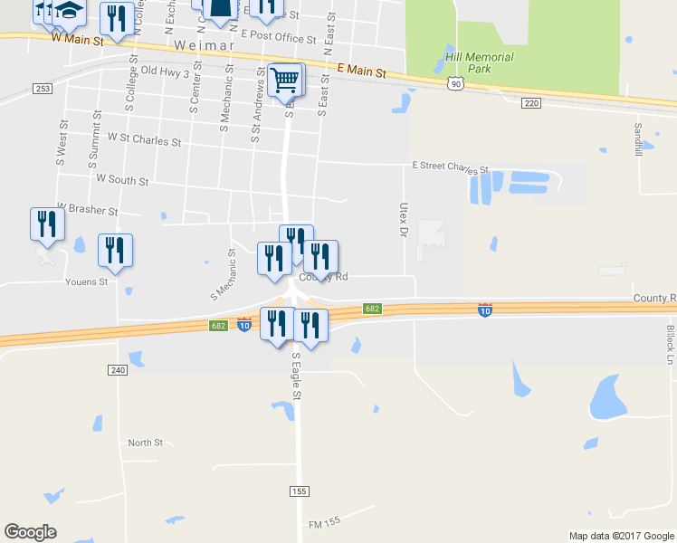 map of restaurants, bars, coffee shops, grocery stores, and more near 507 County Road in Weimar