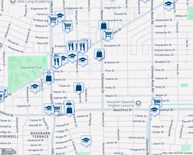 map of restaurants, bars, coffee shops, grocery stores, and more near 5504 Valerie Street in Houston