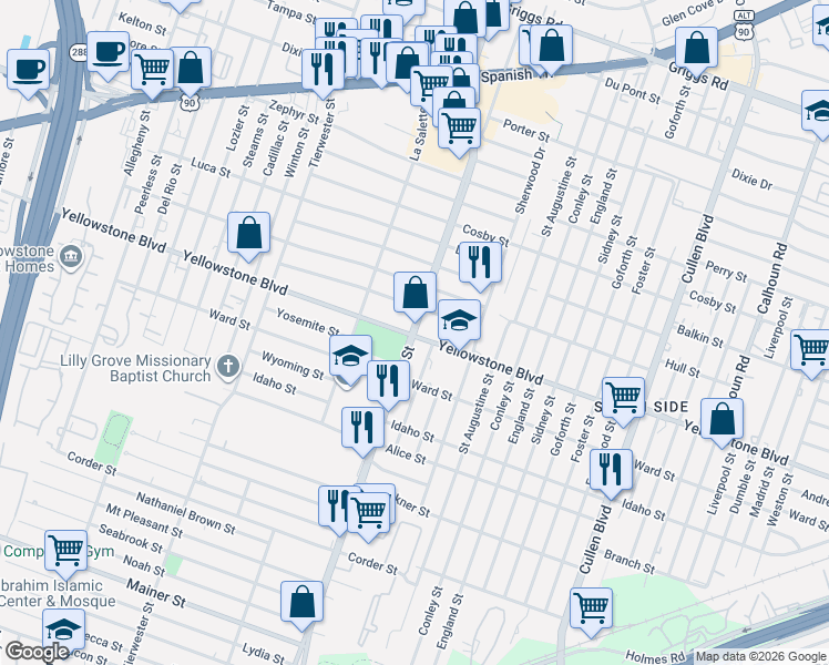 map of restaurants, bars, coffee shops, grocery stores, and more near 6679 Scott Street in Houston