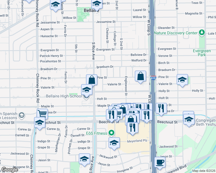 map of restaurants, bars, coffee shops, grocery stores, and more near 4928 Valerie Street in Bellaire
