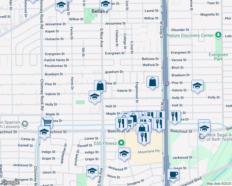 map of restaurants, bars, coffee shops, grocery stores, and more near 4928 Valerie Street in Bellaire