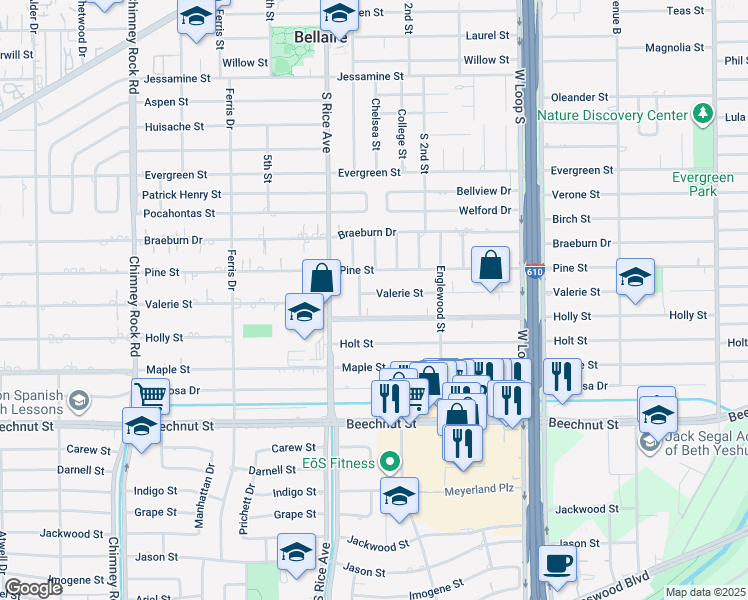 map of restaurants, bars, coffee shops, grocery stores, and more near 4927 Valerie Street in Bellaire