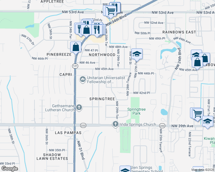 map of restaurants, bars, coffee shops, grocery stores, and more near 4324 Northwest 30th Terrace in Gainesville