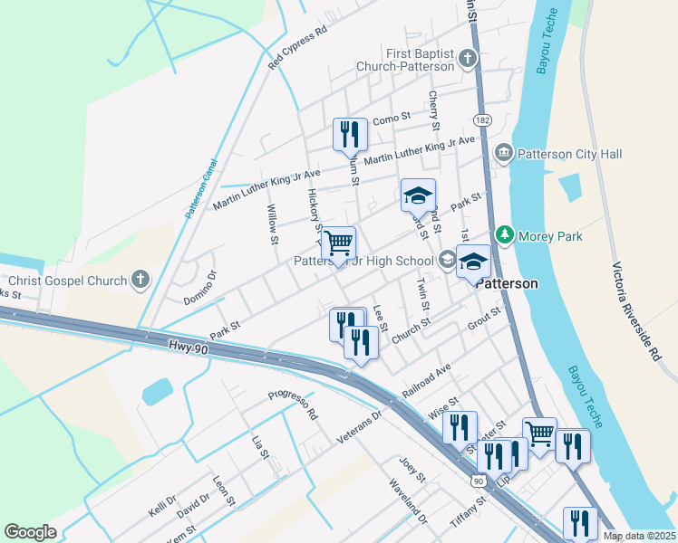 map of restaurants, bars, coffee shops, grocery stores, and more near 519 Park Street in Patterson