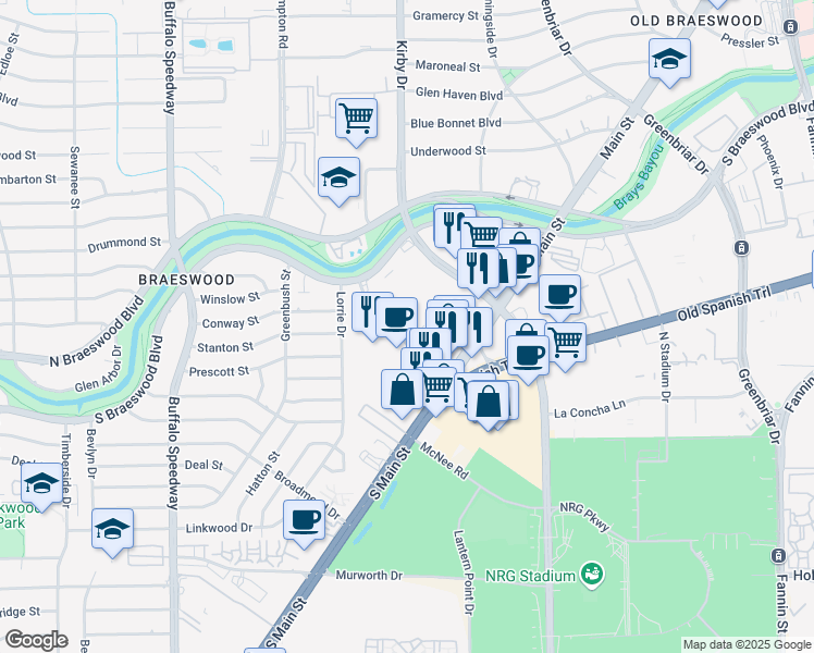 map of restaurants, bars, coffee shops, grocery stores, and more near 8205 Braesmain Drive in Houston