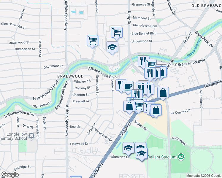 map of restaurants, bars, coffee shops, grocery stores, and more near 2807 Conway Street in Houston