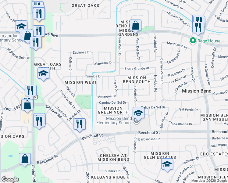 map of restaurants, bars, coffee shops, grocery stores, and more near 7439 La Place Drive in Houston