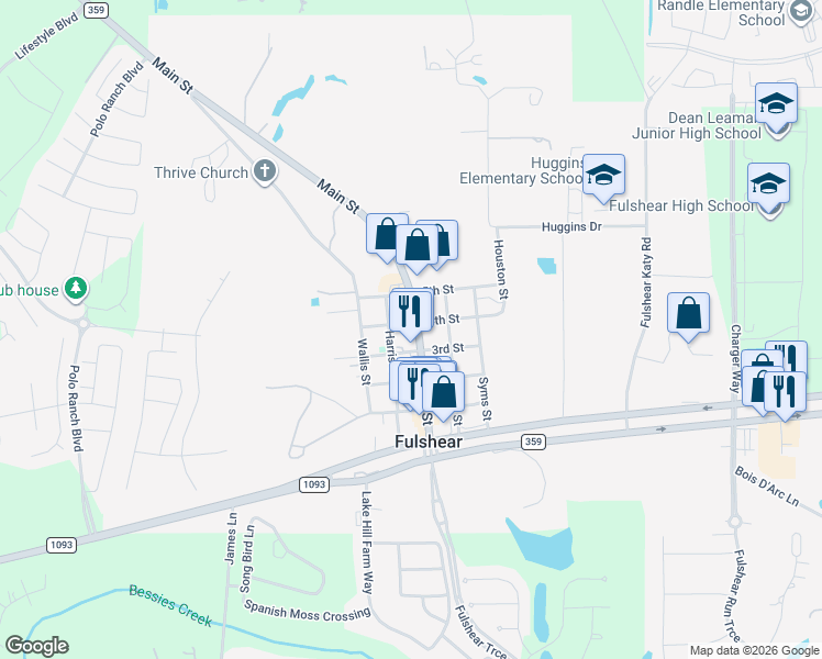 map of restaurants, bars, coffee shops, grocery stores, and more near 30503 4th Street in Fulshear