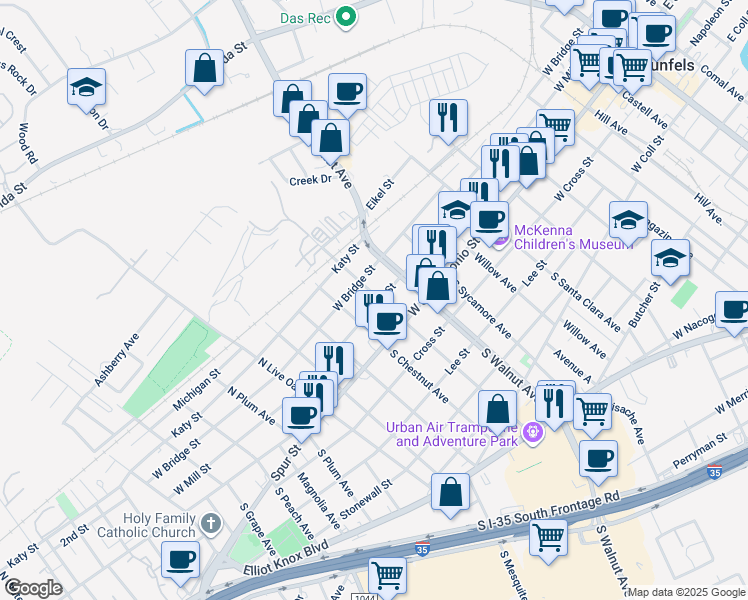 map of restaurants, bars, coffee shops, grocery stores, and more near 1210 West Mill Street in New Braunfels