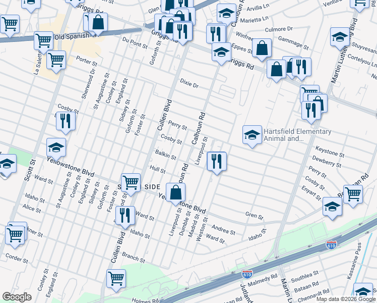 map of restaurants, bars, coffee shops, grocery stores, and more near 6409 Paris Street in Houston