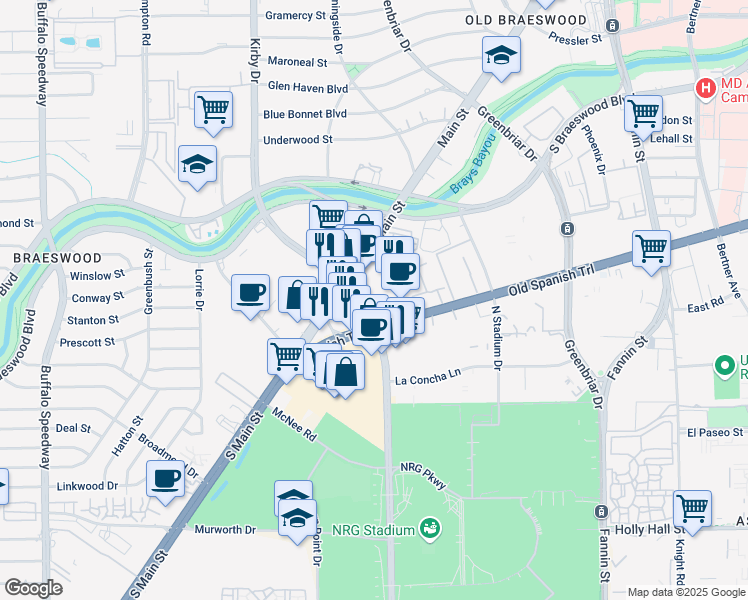 map of restaurants, bars, coffee shops, grocery stores, and more near 7807 Kirby Drive in Houston