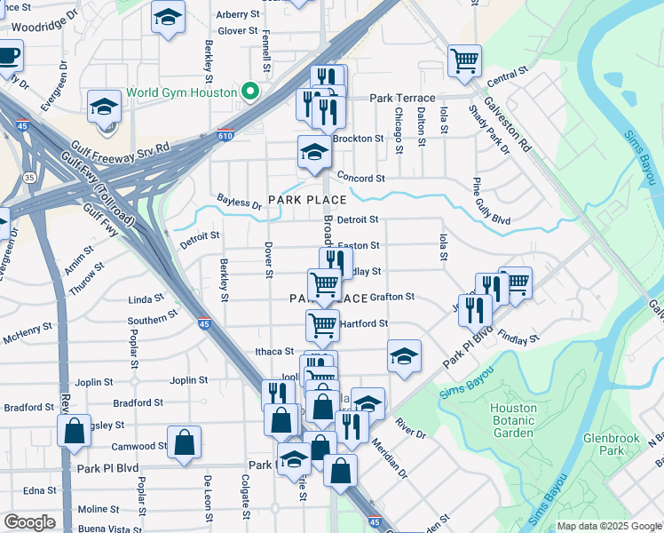 map of restaurants, bars, coffee shops, grocery stores, and more near 8117 Findlay Street in Houston