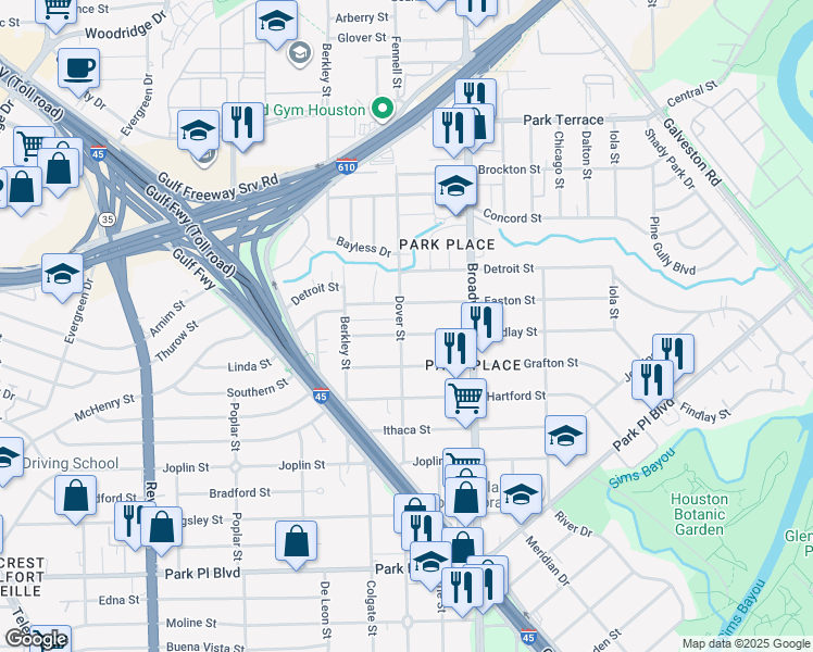 map of restaurants, bars, coffee shops, grocery stores, and more near 8011 Findlay Street in Houston