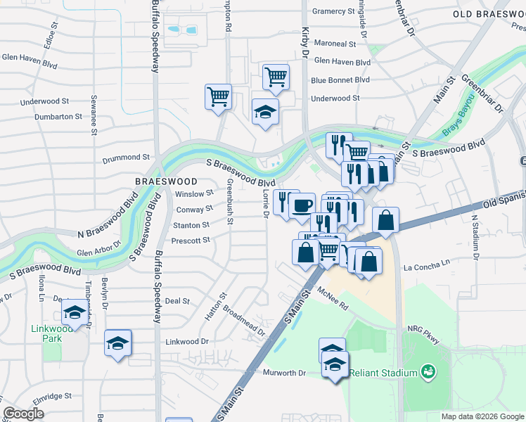 map of restaurants, bars, coffee shops, grocery stores, and more near 2807 Conway Street in Houston