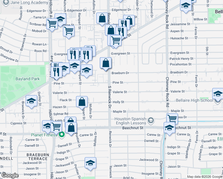 map of restaurants, bars, coffee shops, grocery stores, and more near 5420 Valerie Street in Bellaire