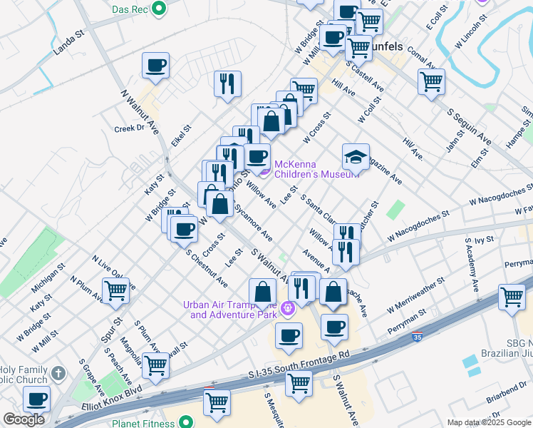 map of restaurants, bars, coffee shops, grocery stores, and more near 936 Lee Street in New Braunfels