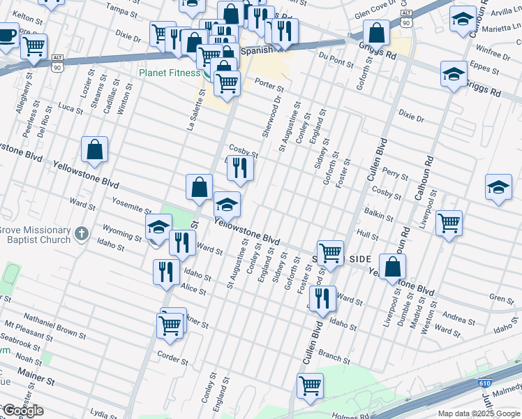map of restaurants, bars, coffee shops, grocery stores, and more near 6603 Saint Augustine Street in Houston