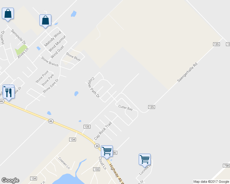 map of restaurants, bars, coffee shops, grocery stores, and more near 437 Copper Wood Drive in New Braunfels